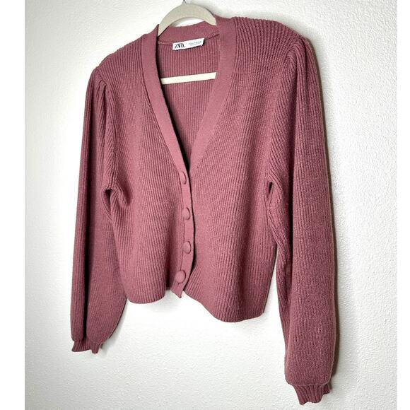ZARA Mauve Balloon Sleeve V-Neck Cropped Button Chunky Knit Cardigan Sweater M - Picture 3 of 11